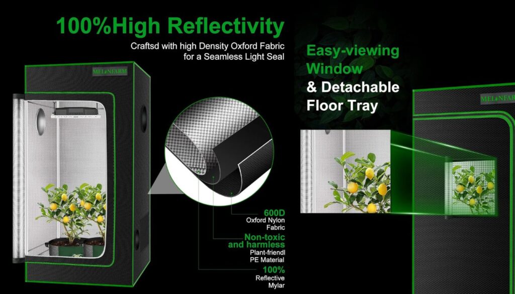 The image showcases a grow tent setup designed for indoor gardening. Key features highlighted include:

100% High Reflectivity: Ensures maximum light efficiency.
High-Density Oxford Fabric: Provides a seamless light seal.
Easy-Viewing Window: Allows for convenient plant monitoring.
Detachable Floor Tray: Facilitates easy cleaning and maintenance.
600D Oxford Nylon Fabric: Non-toxic and plant-friendly, with a reflective Mylar layer for optimal growth conditions.