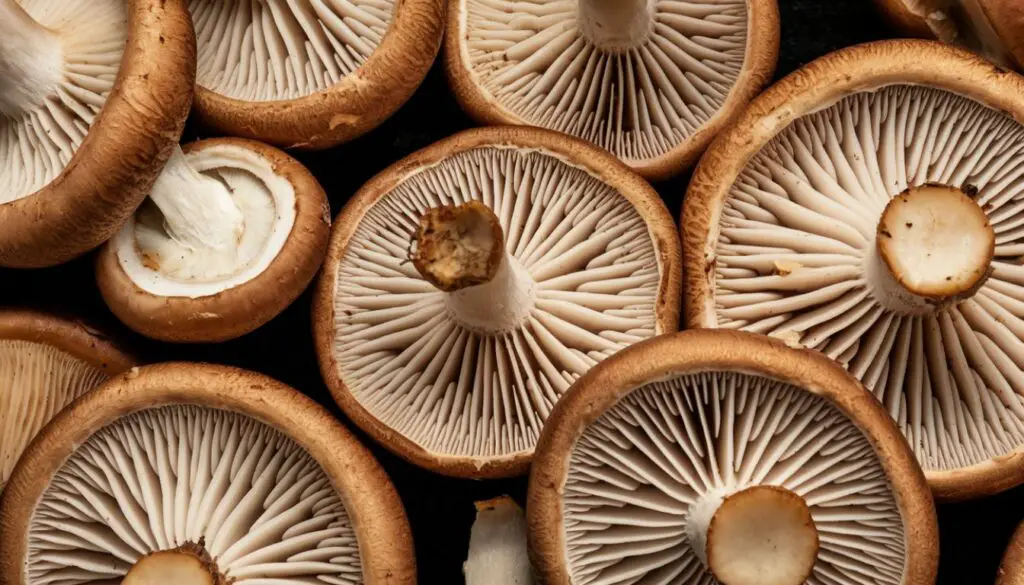 Close-up of several shiitake mushrooms showcasing their brown caps and white gills, arranged in a pattern that fills the frame.