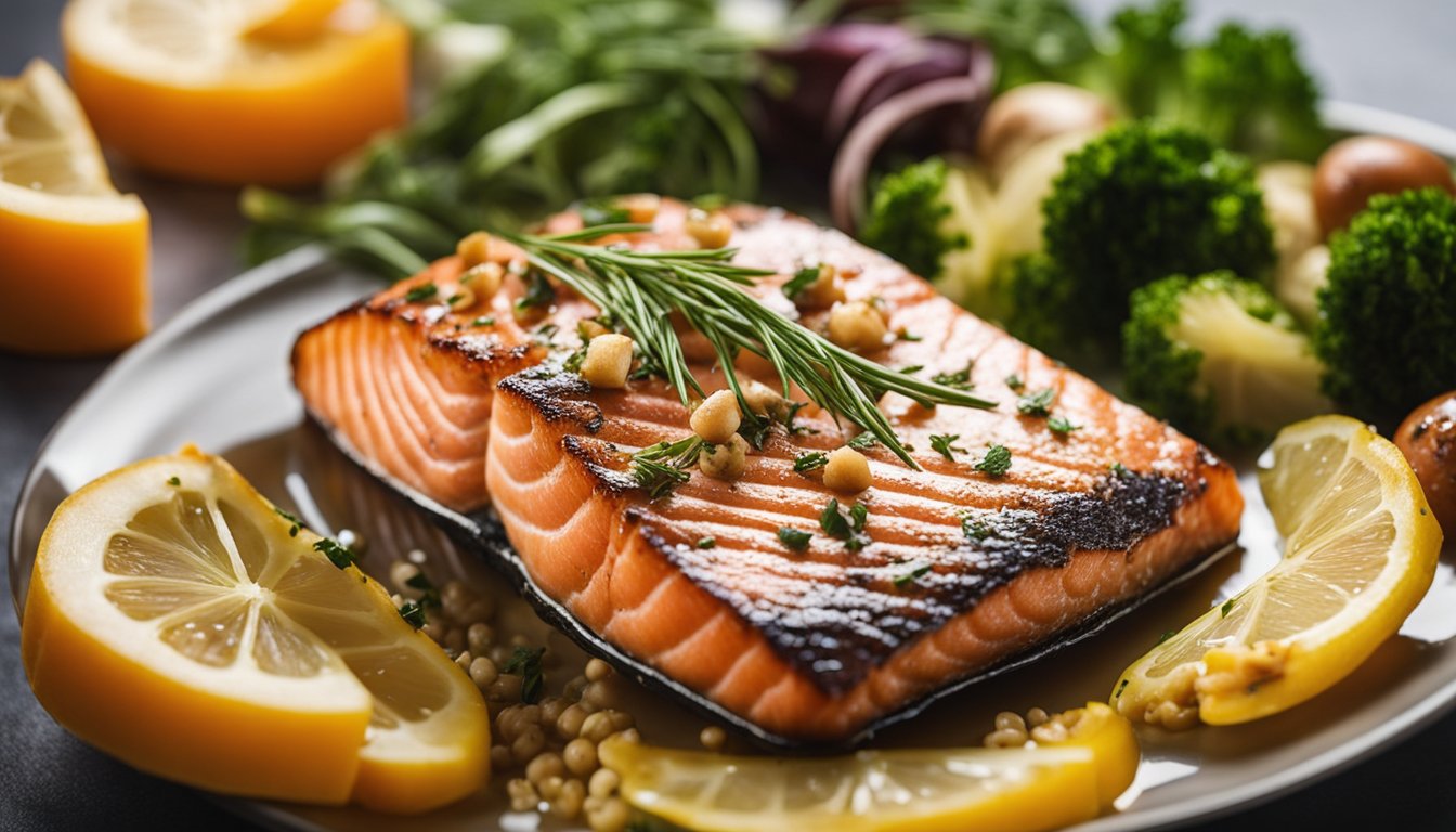 Grilled salmon fillet on a plate with lemon slices, broccoli, and herbs.