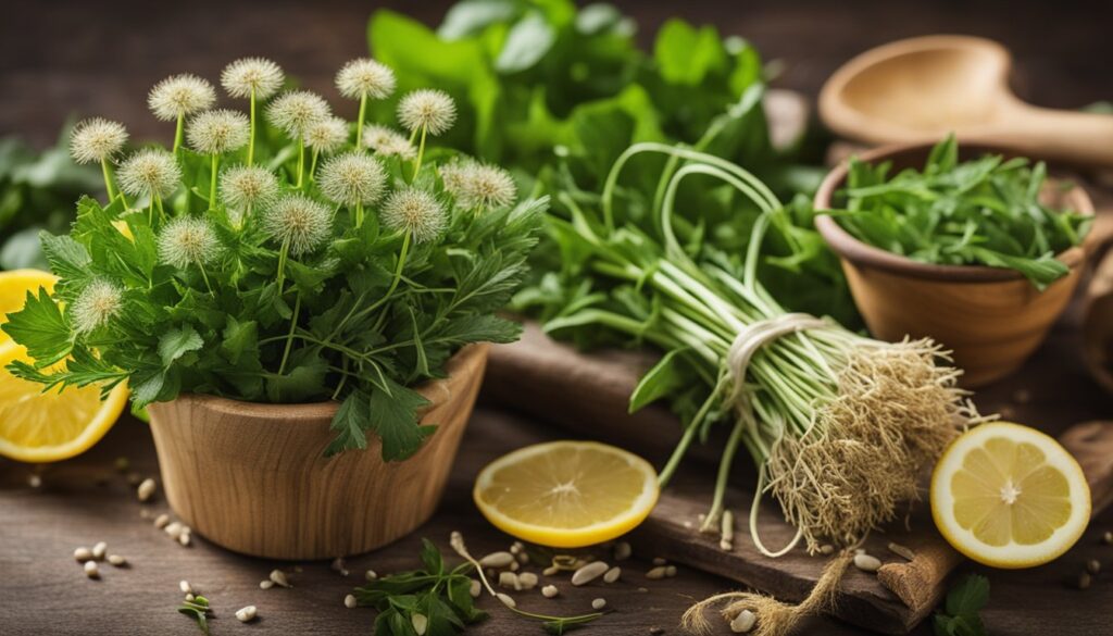 A variety of fresh herbs and ingredients displayed on a wooden surface, suggesting natural remedies for low hemoglobin levels.