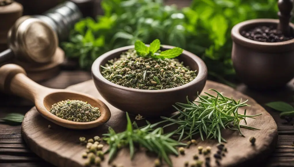 A variety of fresh herbs and seeds on a wooden surface, suggesting ingredients for an herbal supplement for energy.