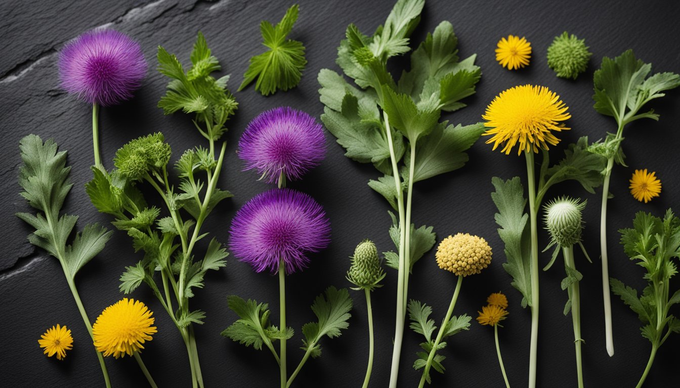 A selection of fresh herbs including cilantro, dandelion, and milk thistle arranged on a wooden table with a mortar and pestle.