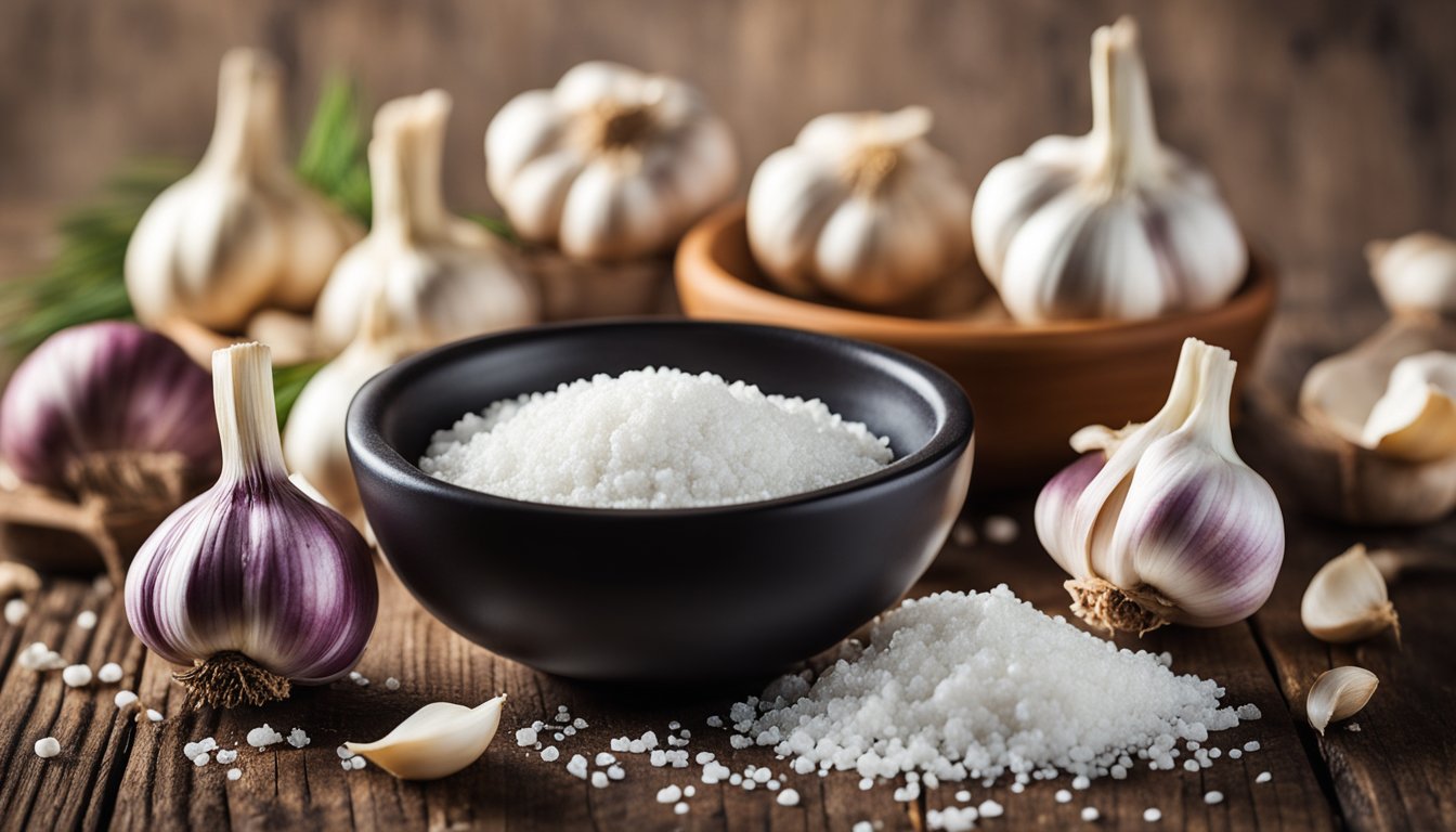 A black bowl filled with white granulated salt is centered on a wooden surface, surrounded by multiple whole garlic bulbs and cloves, some with purple hues. A small pile of salt is spilled onto the table in front of the bowl.