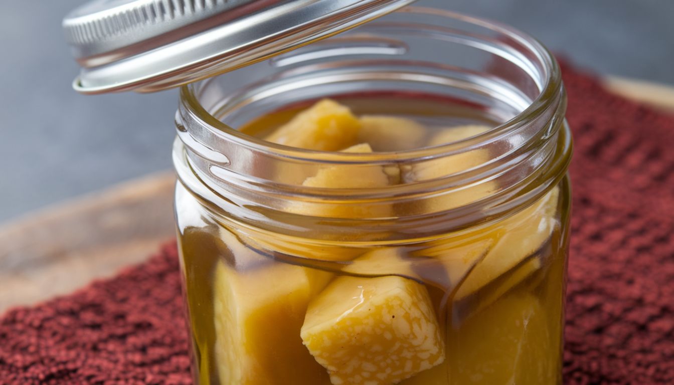 A jar of honey-fermented ginger showing golden slices of ginger immersed in honey.