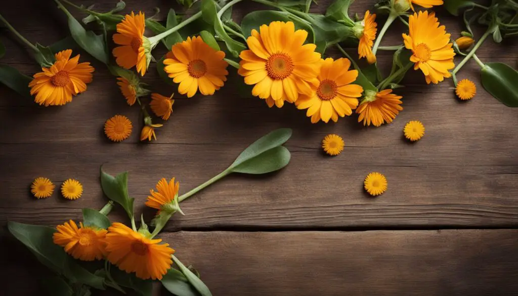 A collection of vibrant orange calendula flowers with green stems and leaves arranged on a dark wooden surface.