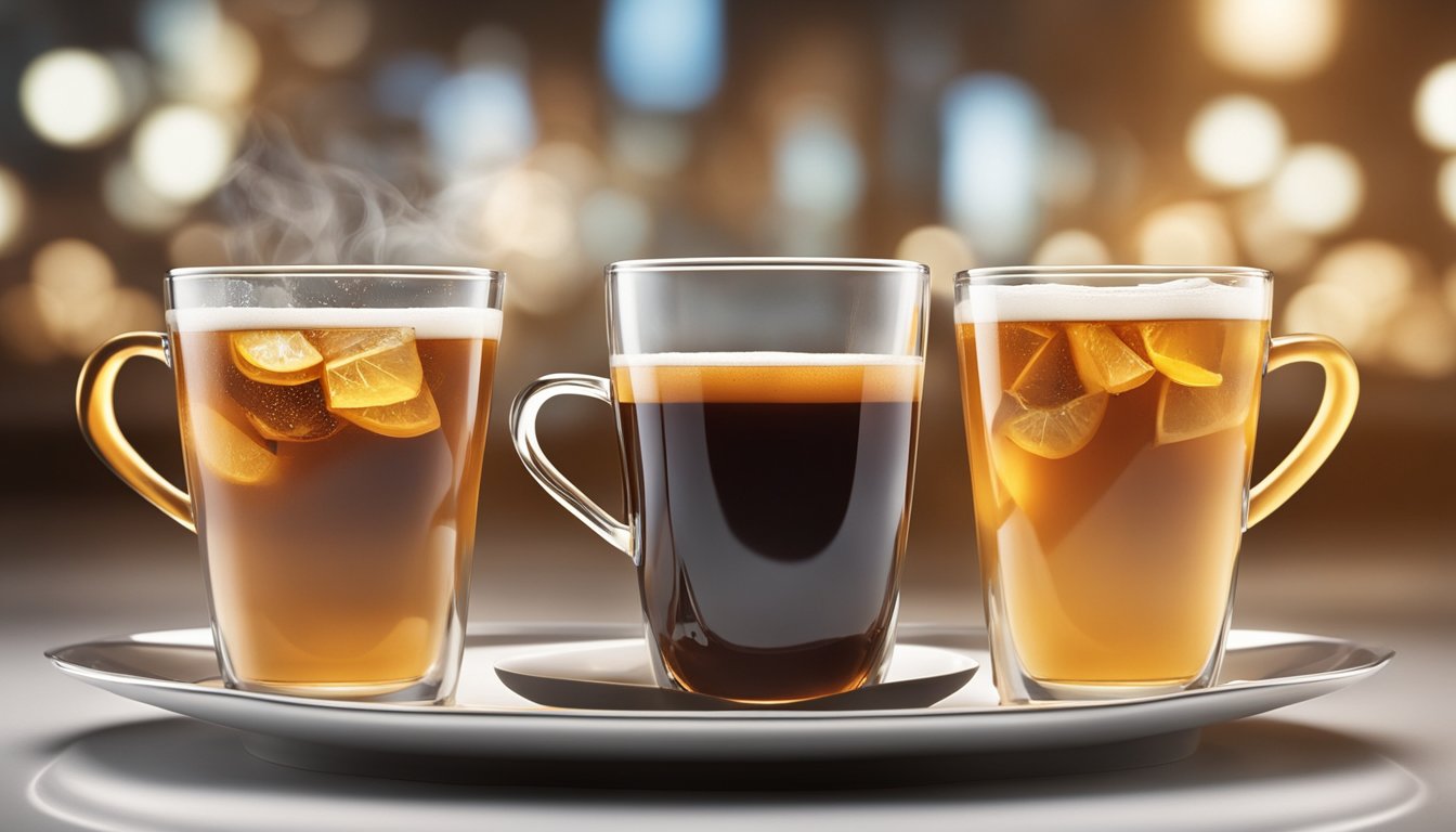 Three glass cups of herbal tea with lemon slices on a tray, steam rising from the hot beverages, against a blurred background with warm bokeh lights.