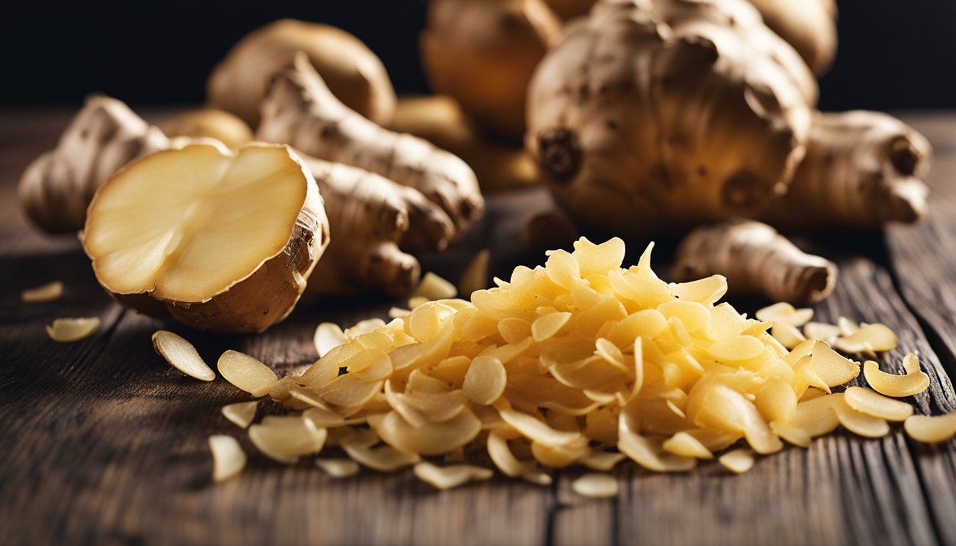 Fresh ginger root and sliced ginger pieces on a wooden surface.