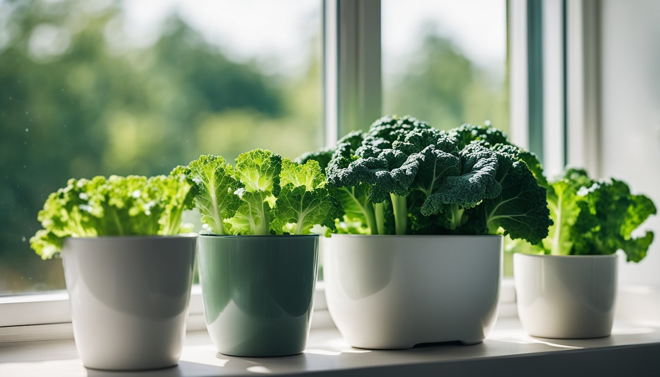 Three pots with leafy greens, including kale, placed on a windowsill with sunlight streaming in.