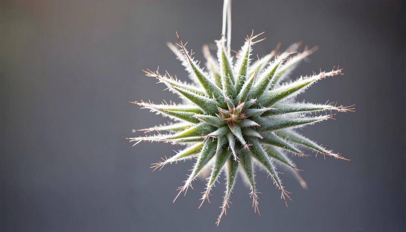 A close-up of an Ionantha Air Plant with spiky green leaves and a fuzzy texture.