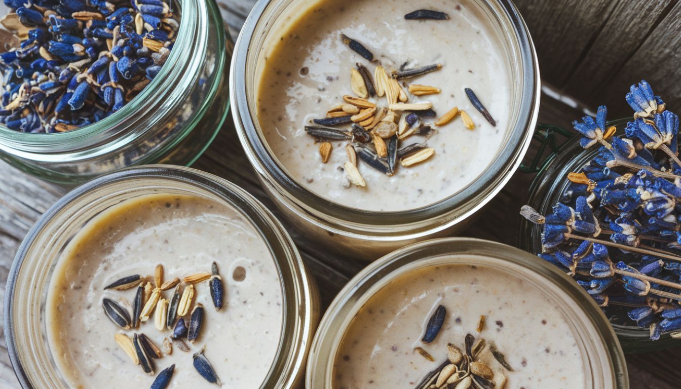 Three glass jars filled with a creamy mixture topped with lavender and ashwagandha, placed on a wooden surface.