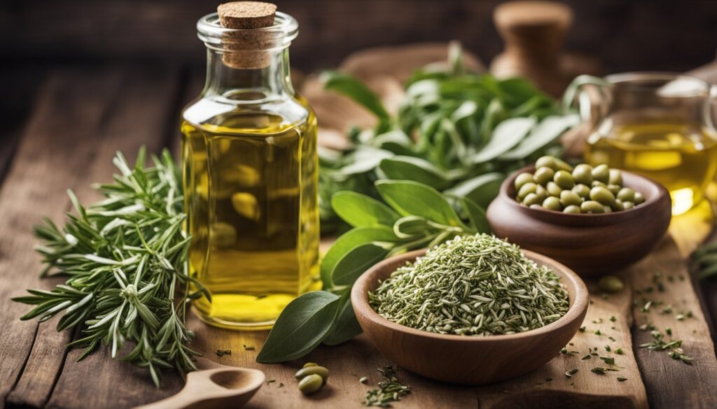 A variety of fresh herbs and olive oil displayed on a wooden surface, suggesting a focus on natural flavor enhancers for a healthy diet.