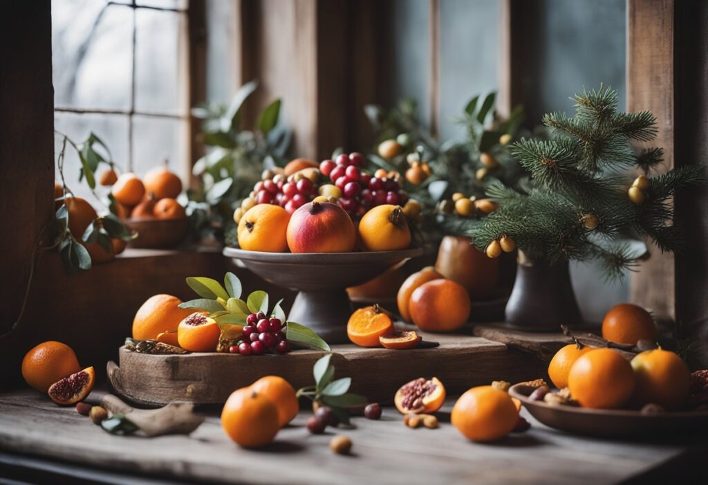 A colorful assortment of winter fruits, including oranges, pomegranates, and persimmons, arranged on a rustic table.