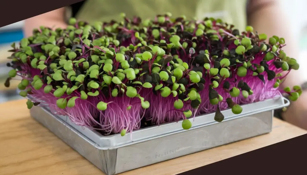 The image displays a close-up view of red cabbage microgreens in a rectangular cultivation tray. The microgreens have distinct purple stems that transition into bright green leaves at the top. The dense growth of the seedlings creates a lush, colorful appearance. A person is holding the tray, partially visible in the background, which is out of focus to emphasize the detail and vibrancy of the microgreens. These young vegetable greens represent an interesting aspect of urban farming and are relevant for their nutritional value and culinary uses.