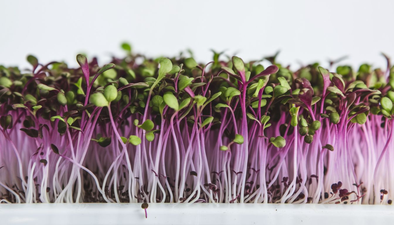 A close-up image of red cabbage microgreens showcasing their vibrant purple stems and green leaves against a white background.