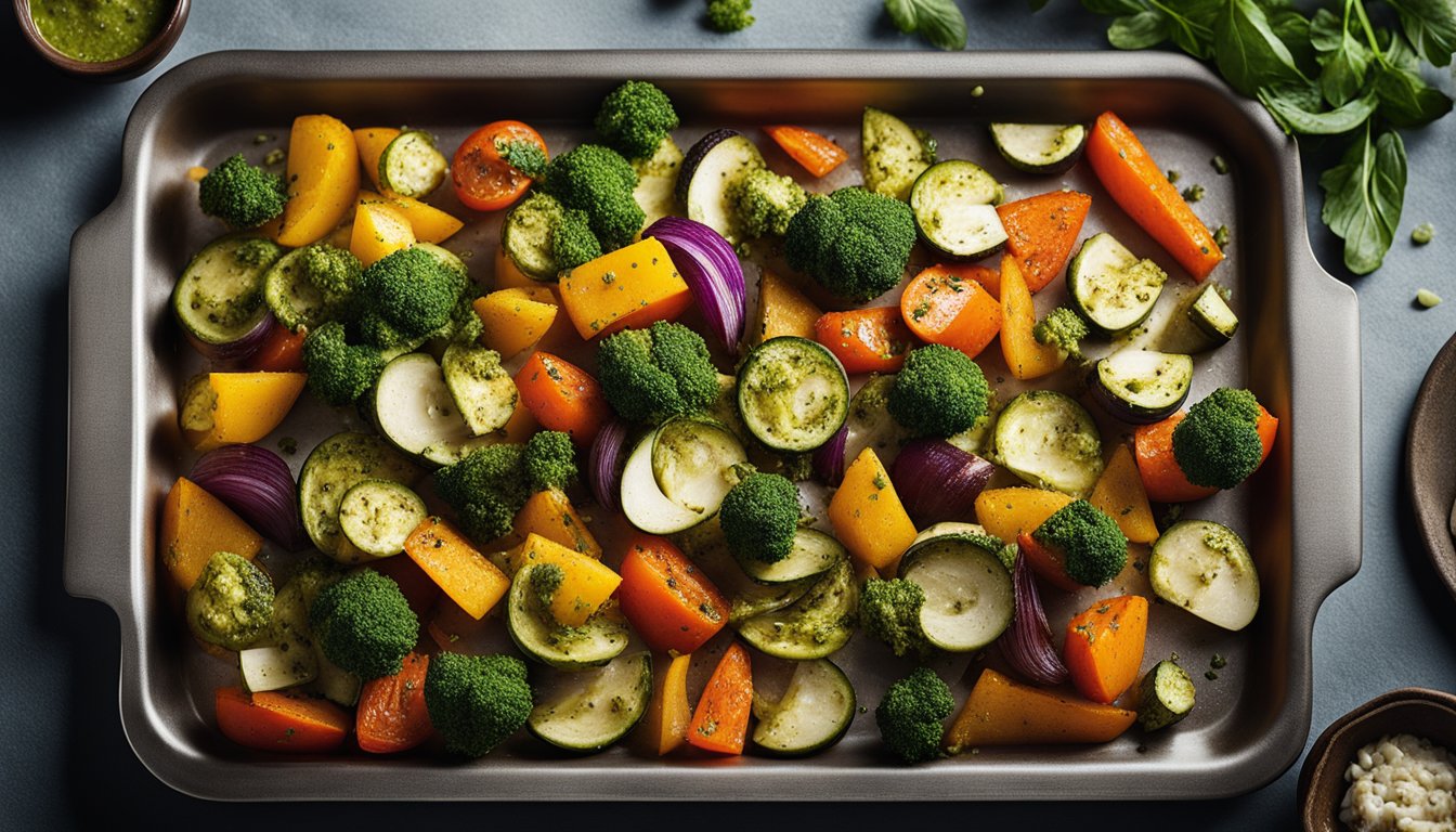 A tray of roasted vegetables including broccoli, carrots, zucchini, red onions, and butternut squash, garnished with basil leaves and drizzled with pesto sauce.