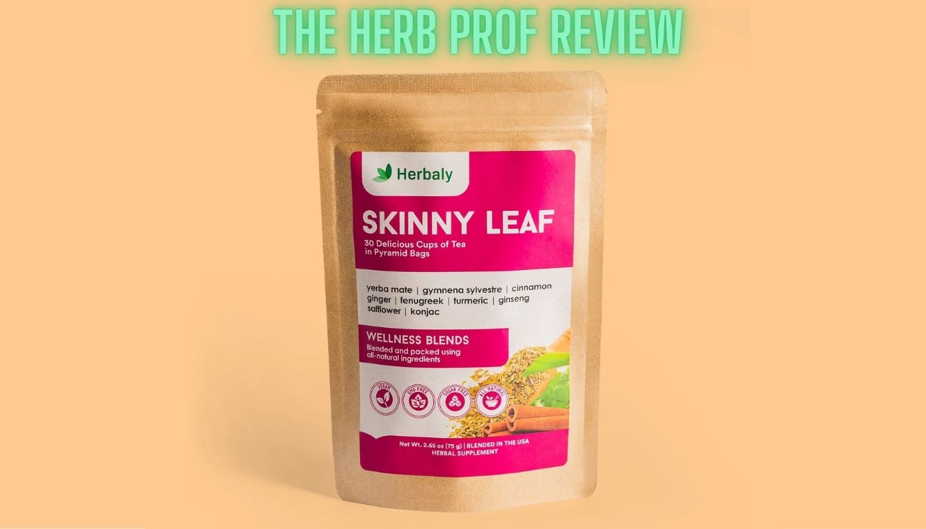 A package of Herbal Skinny Leaf tea with a label that includes the brand name ‘Herbaly’, product name ‘SKINNY LEAF’, and a list of ingredients such as green tea extract, cinnamon, ginger, fenugreek, turmeric, and ginseng among others. The package is set against a pale yellow background.