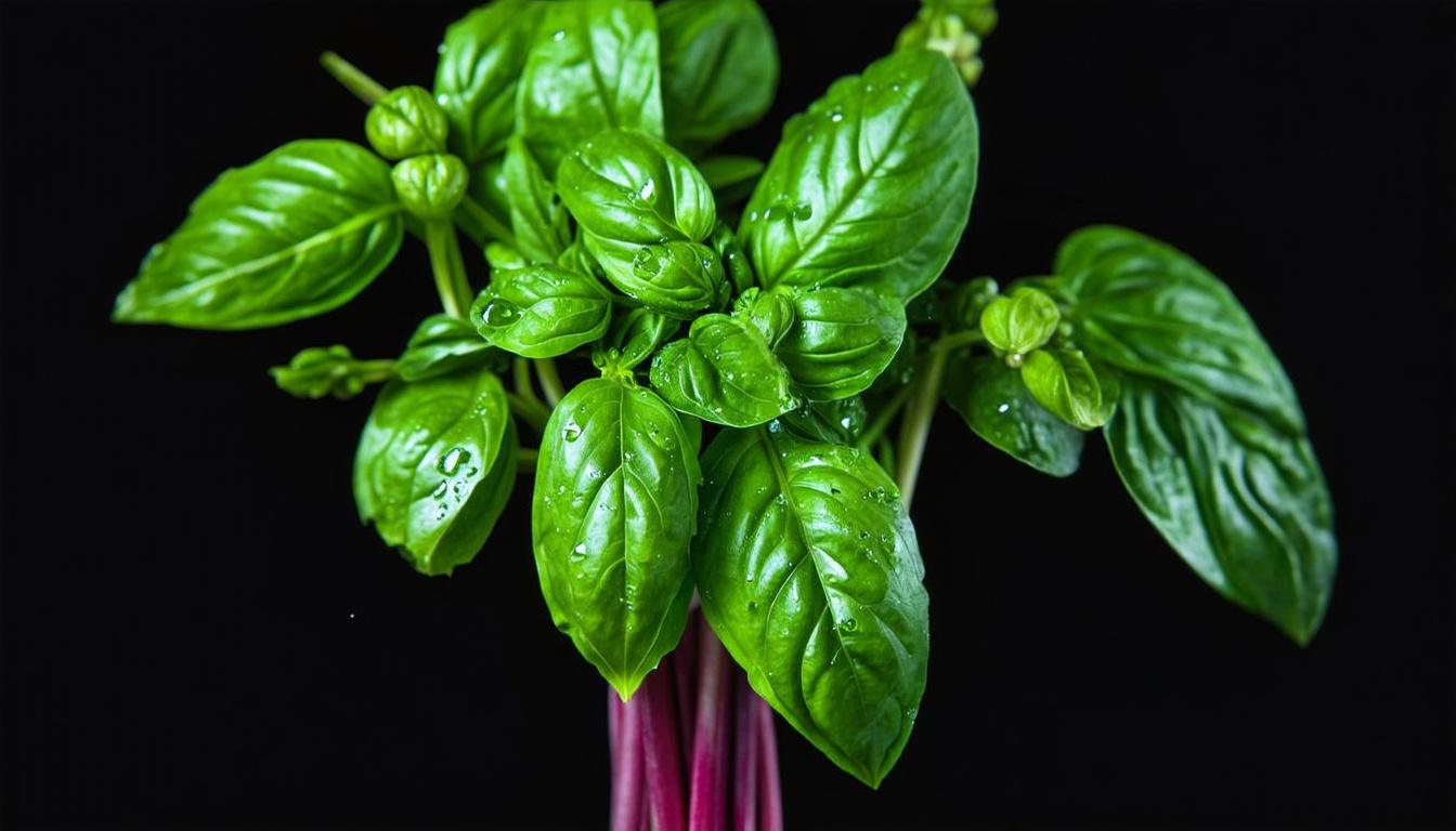 A bunch of fresh Thai basil with vibrant green leaves and purple stems against a black background.