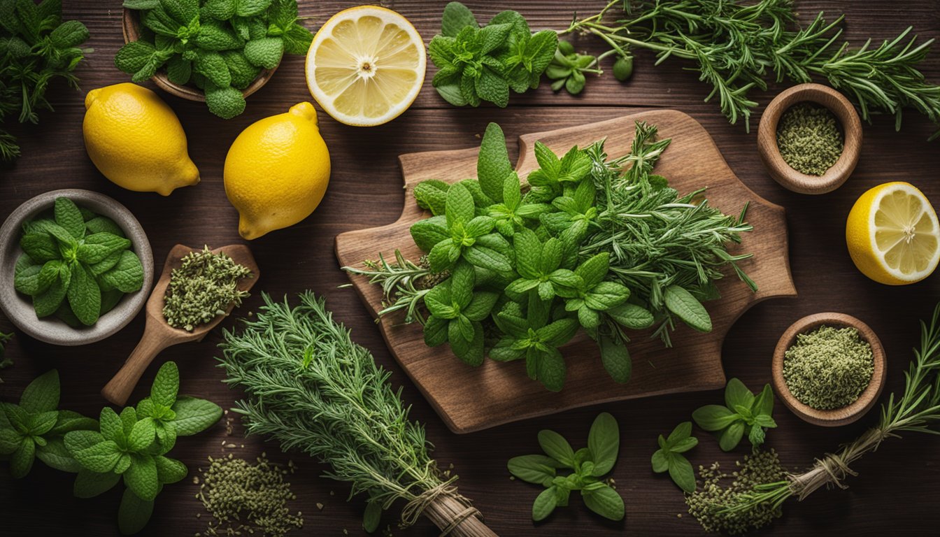 A variety of fresh and dried medicinal herbs neatly arranged on a wooden surface with lemons, including mint, rosemary, and others in bowls and on a cutting board.