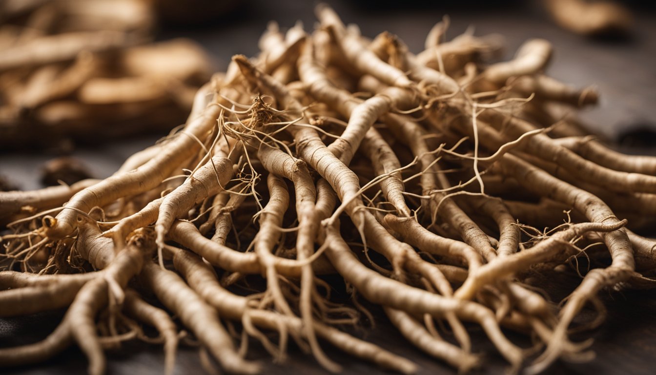 A close-up image of a pile of ginseng roots on a dark surface, highlighting the intricate details and textures of the roots.