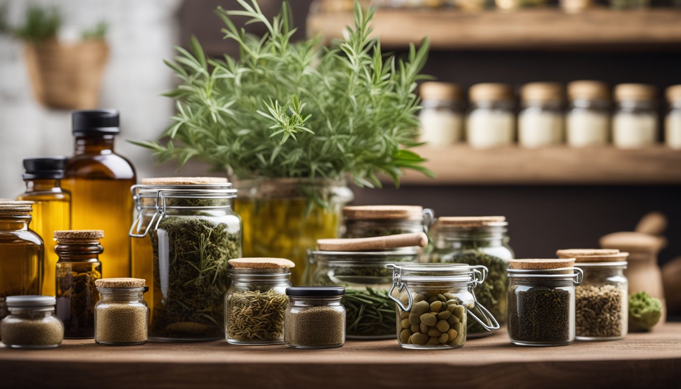 A variety of herbal remedies and ingredients displayed on a wooden table, including glass jars and bottles with labels, some filled with dried herbs and others with oils, against a blurred background featuring shelves stocked with additional jars.