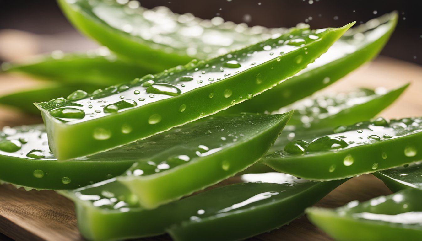 Fresh aloe vera leaves with water droplets on a wooden surface.