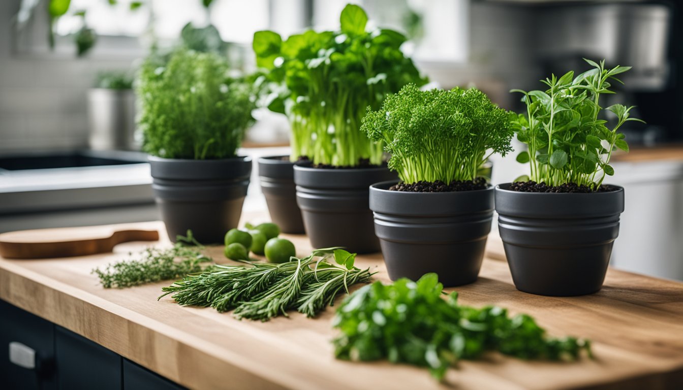 A wooden kitchen countertop with various fresh herbs in black pots and some freshly cut herbs laid out on the surface.