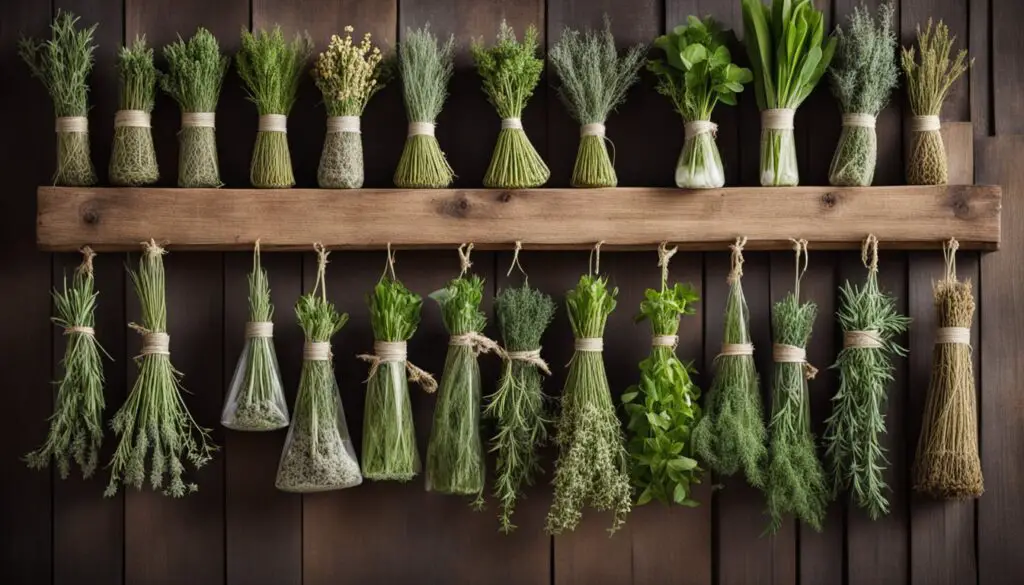 A variety of fresh herbs are neatly hung in bunches from a wooden rack against a dark wooden background. The herbs include, from left to right, thyme, oregano, sage, parsley, dill, mint, basil, rosemary, and more thyme.