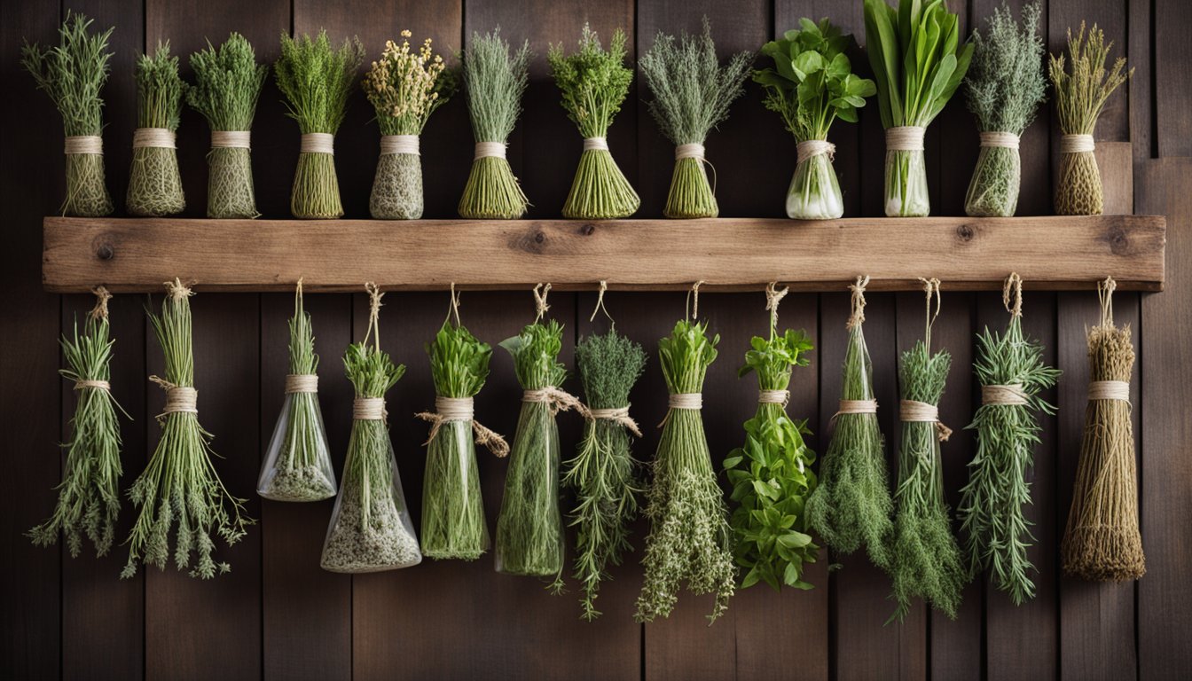 A variety of fresh herbs are neatly hung in bunches from a wooden rack against a dark wooden background. The herbs include, from left to right, thyme, oregano, sage, parsley, dill, mint, basil, rosemary, and more thyme.