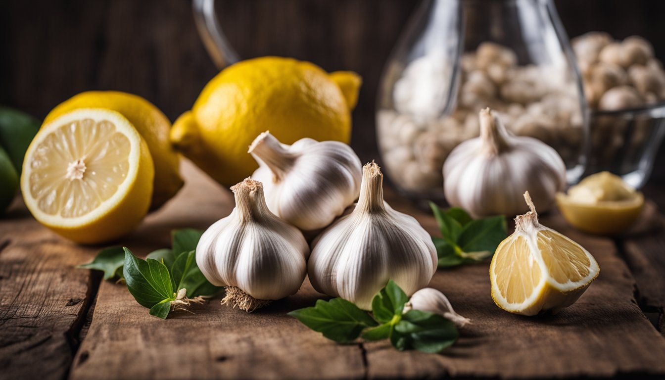 A still life image featuring fresh garlic bulbs with cloves, ginger root, and sliced lemons arranged on a wooden surface, with a glass jar of additional ginger in the background.