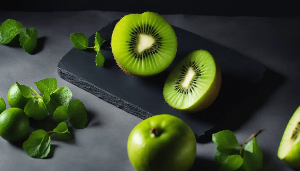 A variety of green fruits including apples, grapes, kiwi, and limes.