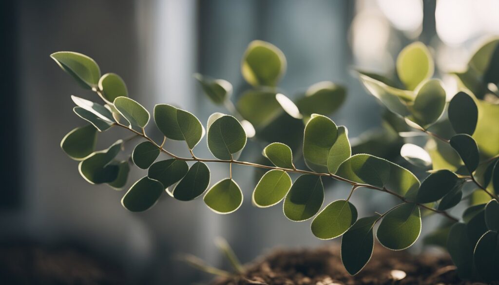 A close-up image of a green leafy plant with round leaves arranged in pairs along a thin stem, backlit by soft sunlight.
