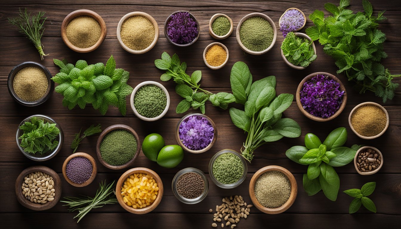 An array of various herbs and spices neatly arranged in bowls on a wooden surface, suggesting a theme of natural immune support.