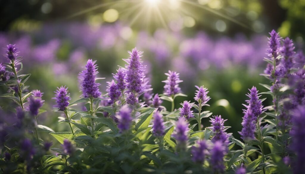 A vibrant image showcasing a cluster of sage plants with purple flowers, bathed in sunlight filtering through the foliage.