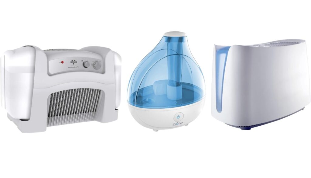 Three different types of humidifiers side by side - an evaporative humidifier, a droplet-shaped ultrasonic humidifier with blue tank, and a cool mist humidifier in white.