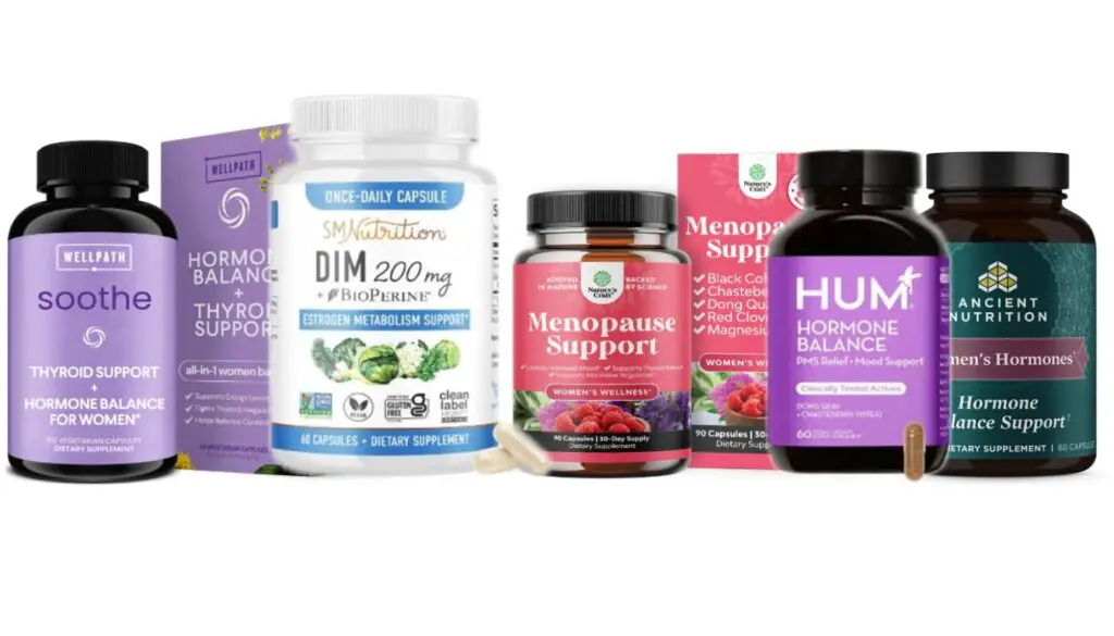 Five bottles of various hormone balance supplements for women, including brands like Wellpath, SMNutrition, Nature's Wisdom, HUM, and Ancient Nutrition.