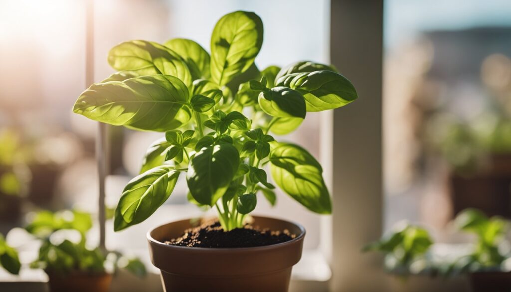 A healthy basil plant with lush green leaves in a terracotta pot, positioned in bright sunlight.