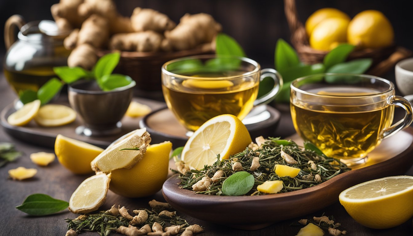 An image showcasing a variety of herbal teas and ingredients, including a glass teapot with tea, cups filled with golden-colored tea, fresh lemons, ginger root, and loose leaves.