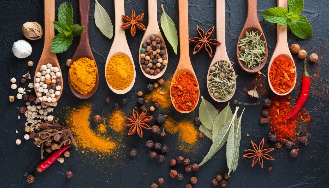 An array of wooden spoons containing various herbs and spices on a dark surface, suggesting natural remedies for digestive health.