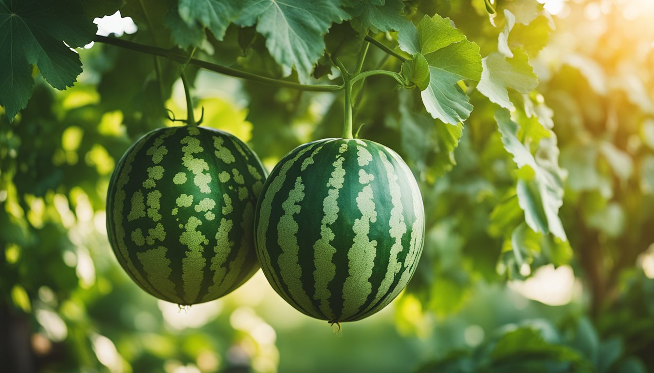 Two ripe watermelons hanging from a vine with lush green leaves in a sunlit garden.