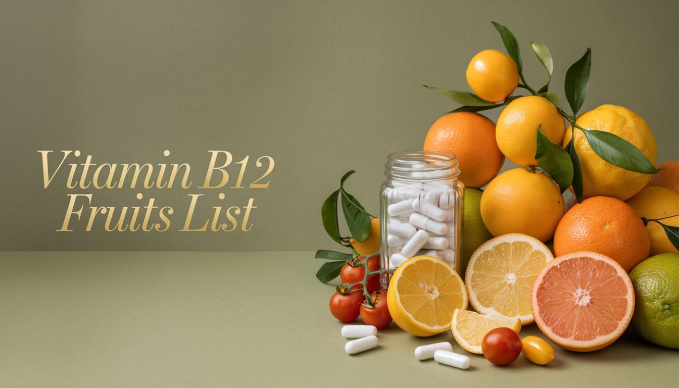 A collection of citrus fruits and a jar of white capsules on a green background with the text "Vitamin B12 Fruits List" written in gold.