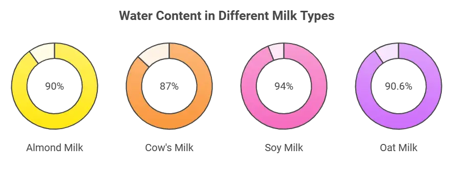 Water content in different milk types, from almond milk, cow's milk, soy milk and oat milk. That can potentially answer the question: Can Almond Milk Make You Constipated?