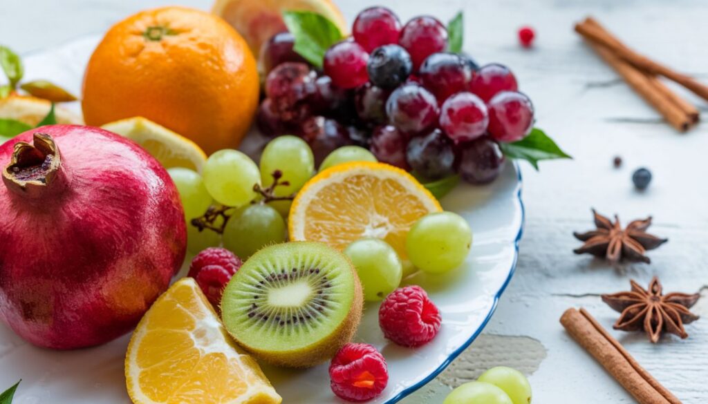 A vibrant display of winter fruits including a pomegranate, oranges, kiwi slices, grapes, and raspberries arranged on a white plate with decorative blue trim. Cinnamon sticks, star anise, and loose peppercorns are scattered around the plate on a wooden surface.