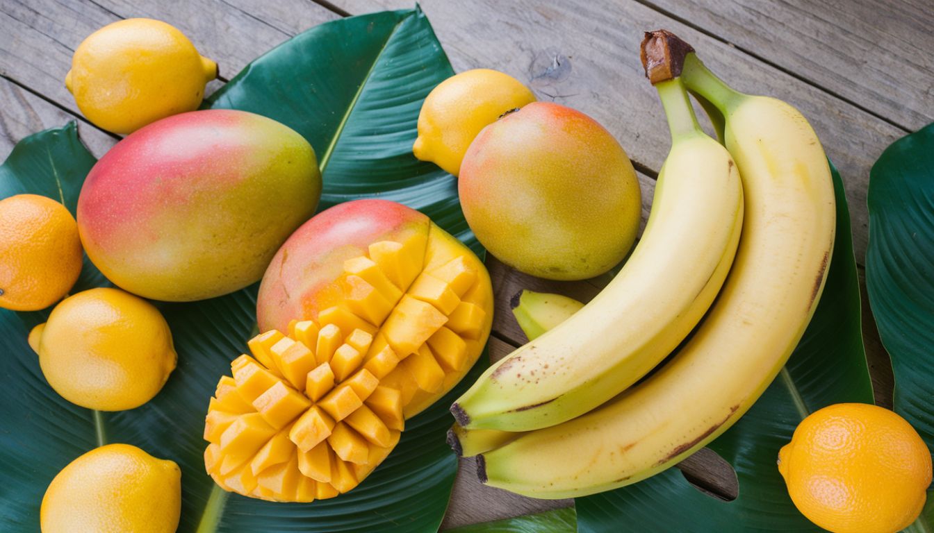 Assorted yellow tropical fruits including mangoes, bananas, lemons, and oranges arranged on large green banana leaves on a wooden surface.