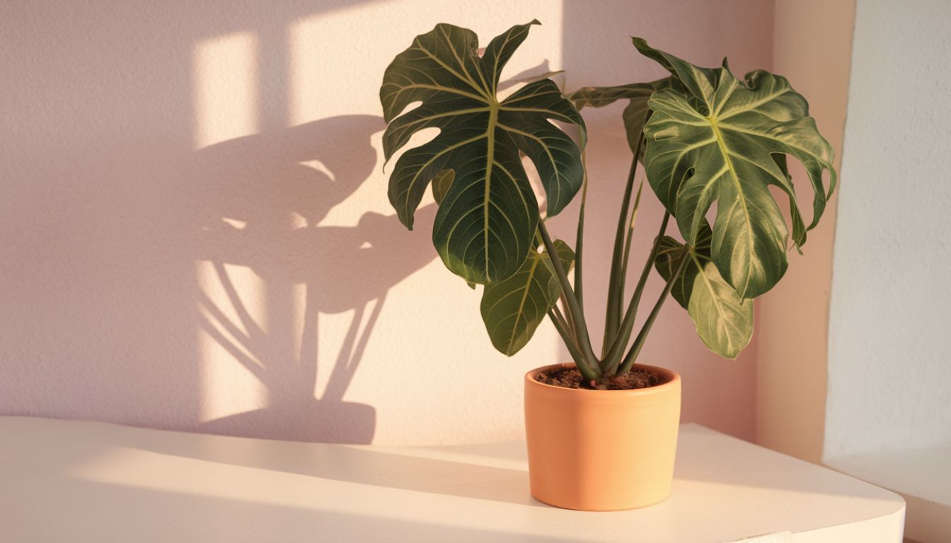 A potted Alocasia plant with large, arrow-shaped green leaves featuring prominent white veins, placed on a surface with its shadow cast on a pink wall by sunlight.