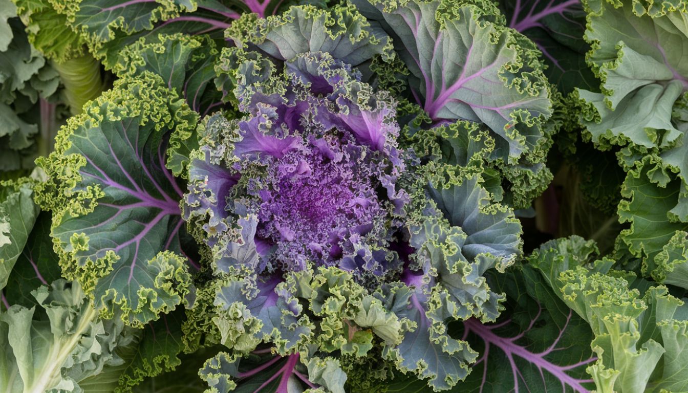 Close-up of a kale plant with vibrant green leaves and a purple center.