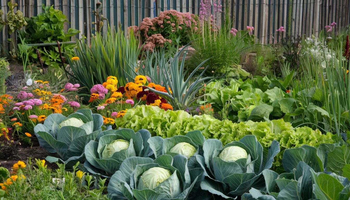 A thriving garden bed featuring cabbage plants alongside marigolds, garlic, and dill, demonstrating effective companion planting.