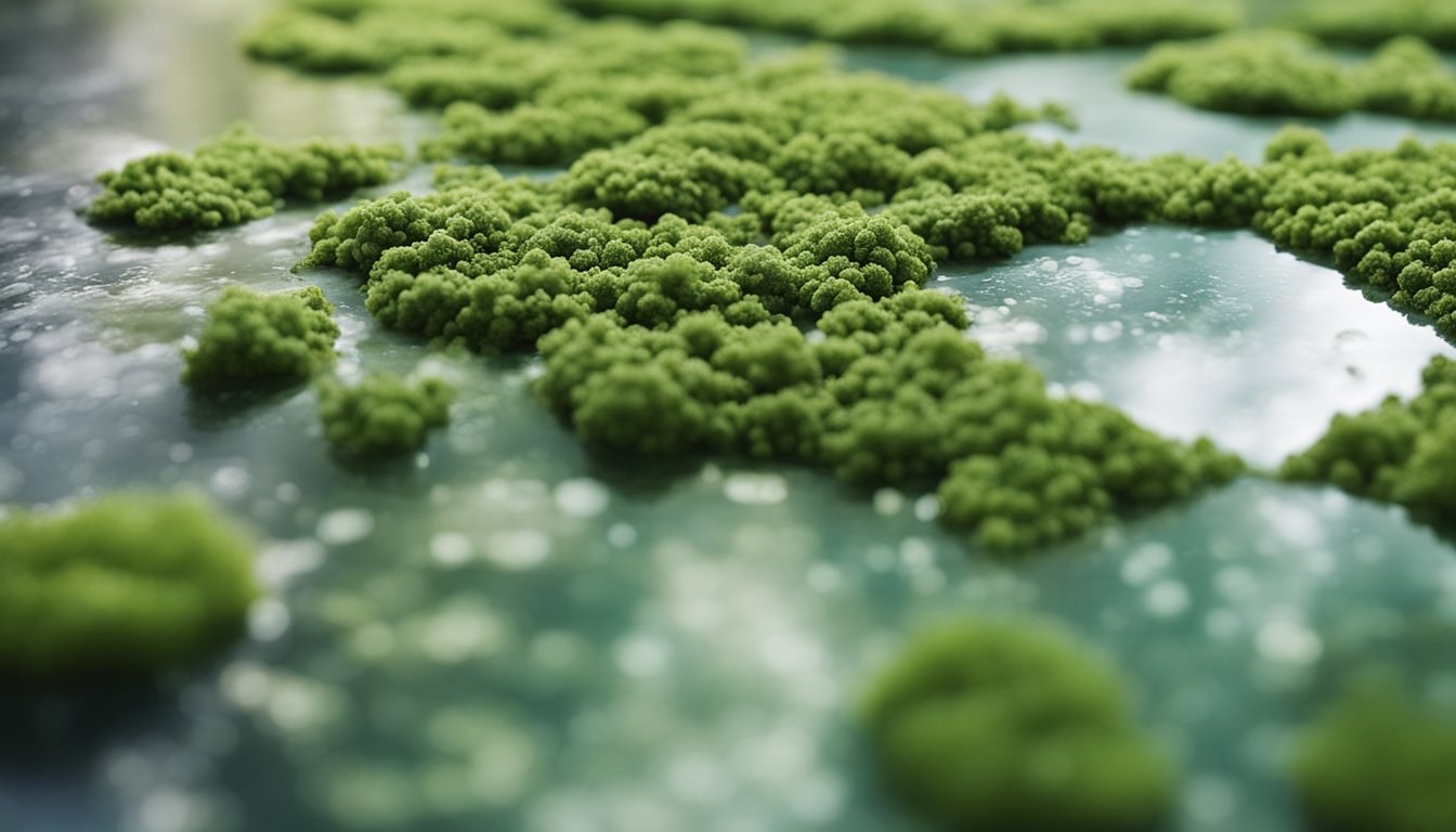 Close-up view of green mold growth on a surface with visible water droplets.