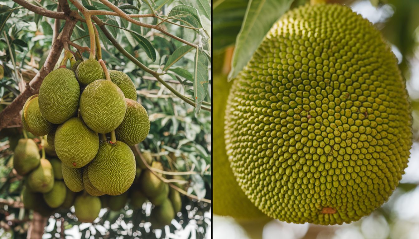 A side-by-side comparison of two tropical fruits. On the left, a cluster of durian fruits hanging from a tree, characterized by their green, spiky exterior. On the right, a close-up of a single jackfruit with its distinctive bumpy, green surface.