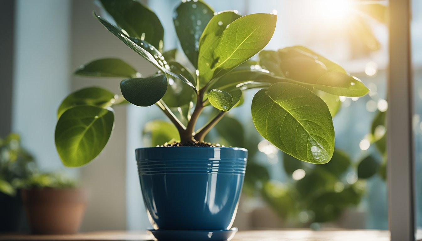 Young avocado plant with glossy green leaves growing in a blue ceramic pot, backlit by sunlight from a window