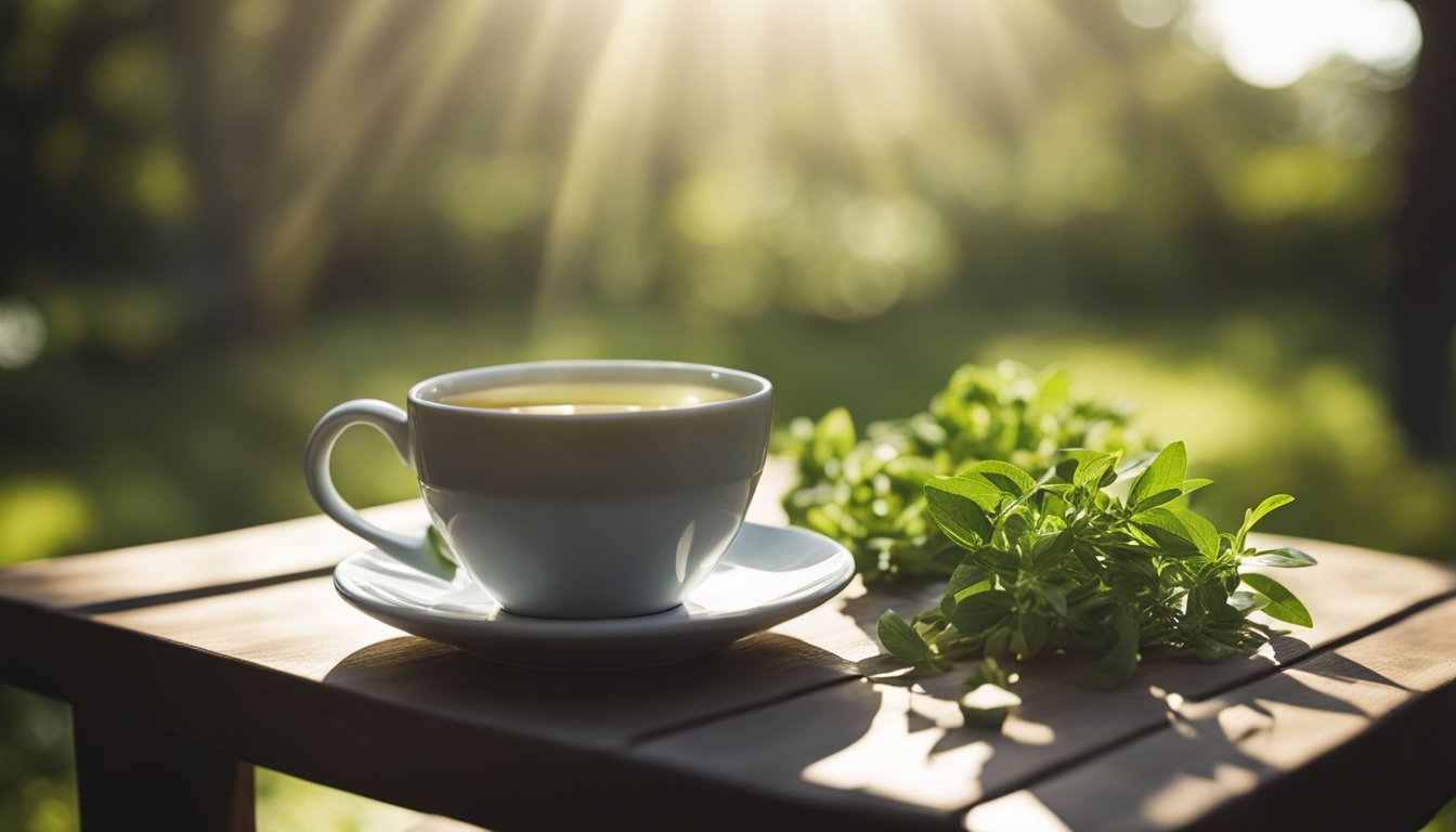 A white cup of sencha green tea on a saucer, placed on a wooden table beside a fresh bunch of green tea leaves, with sunlight filtering through trees in the background.